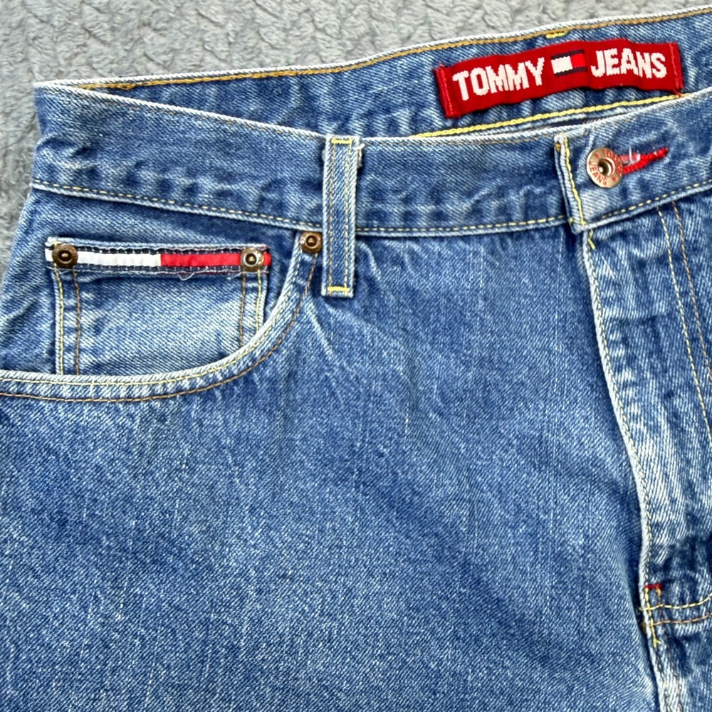 Tommy‎ Jeans Straight Leg Denim Mens 34x30 Blue Frayed Hem 90s Vintage - Picture 4 of 15